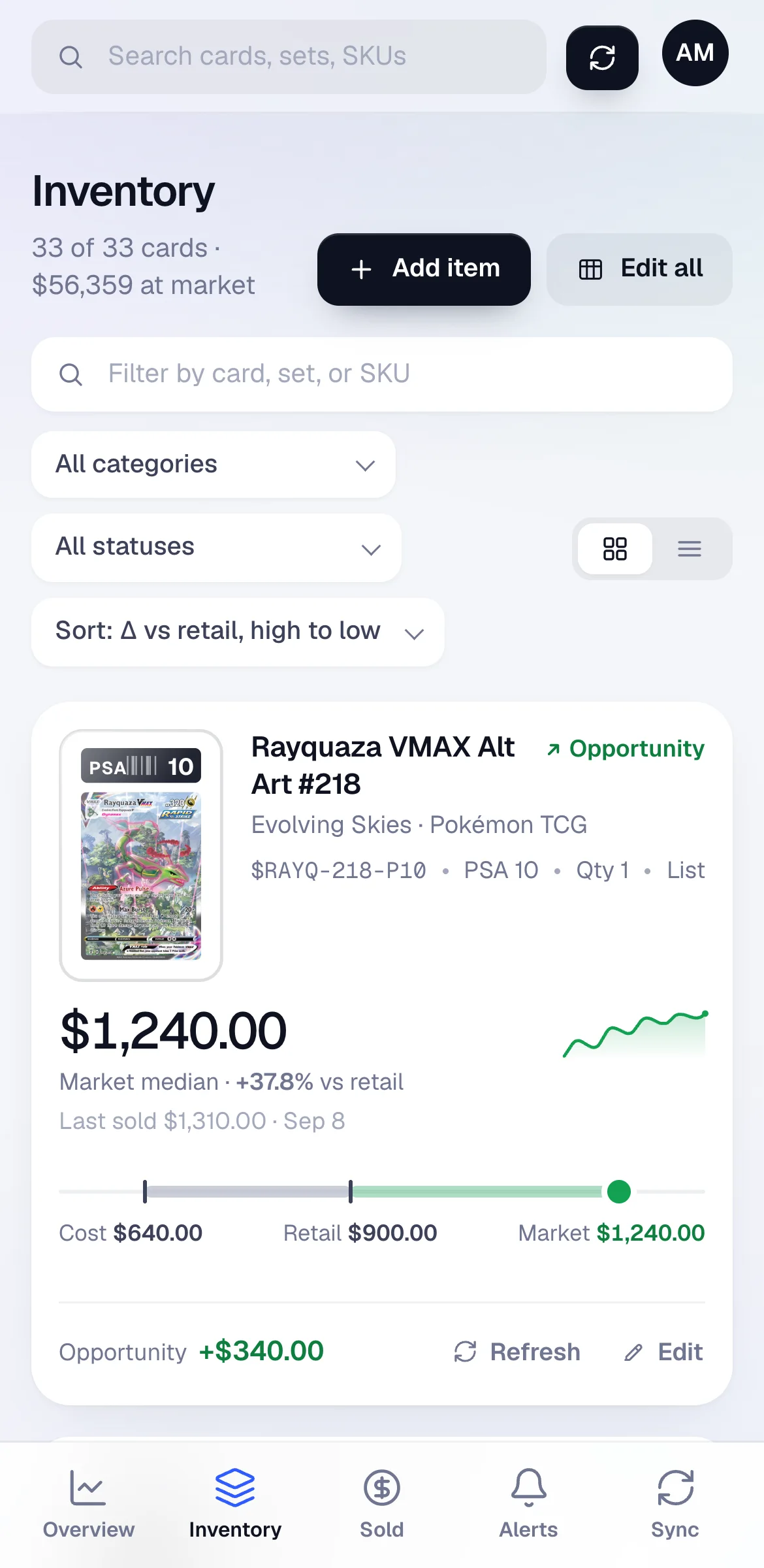Pop Collect inventory on a phone, showing a card with its cost, retail and market price