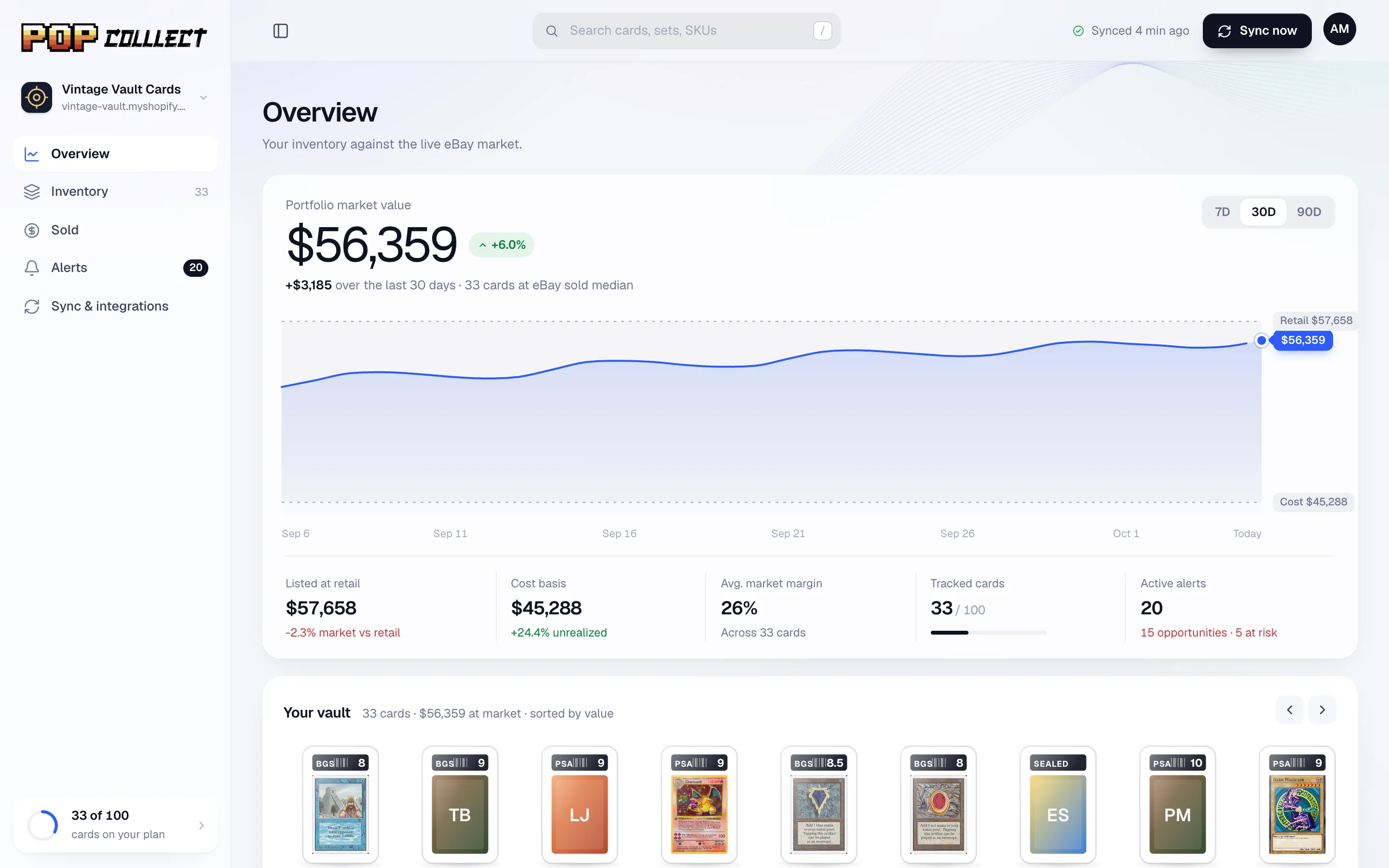 Pop Collect overview: portfolio market value of $56,359 charted between cost and retail, with tracked cards and active alerts